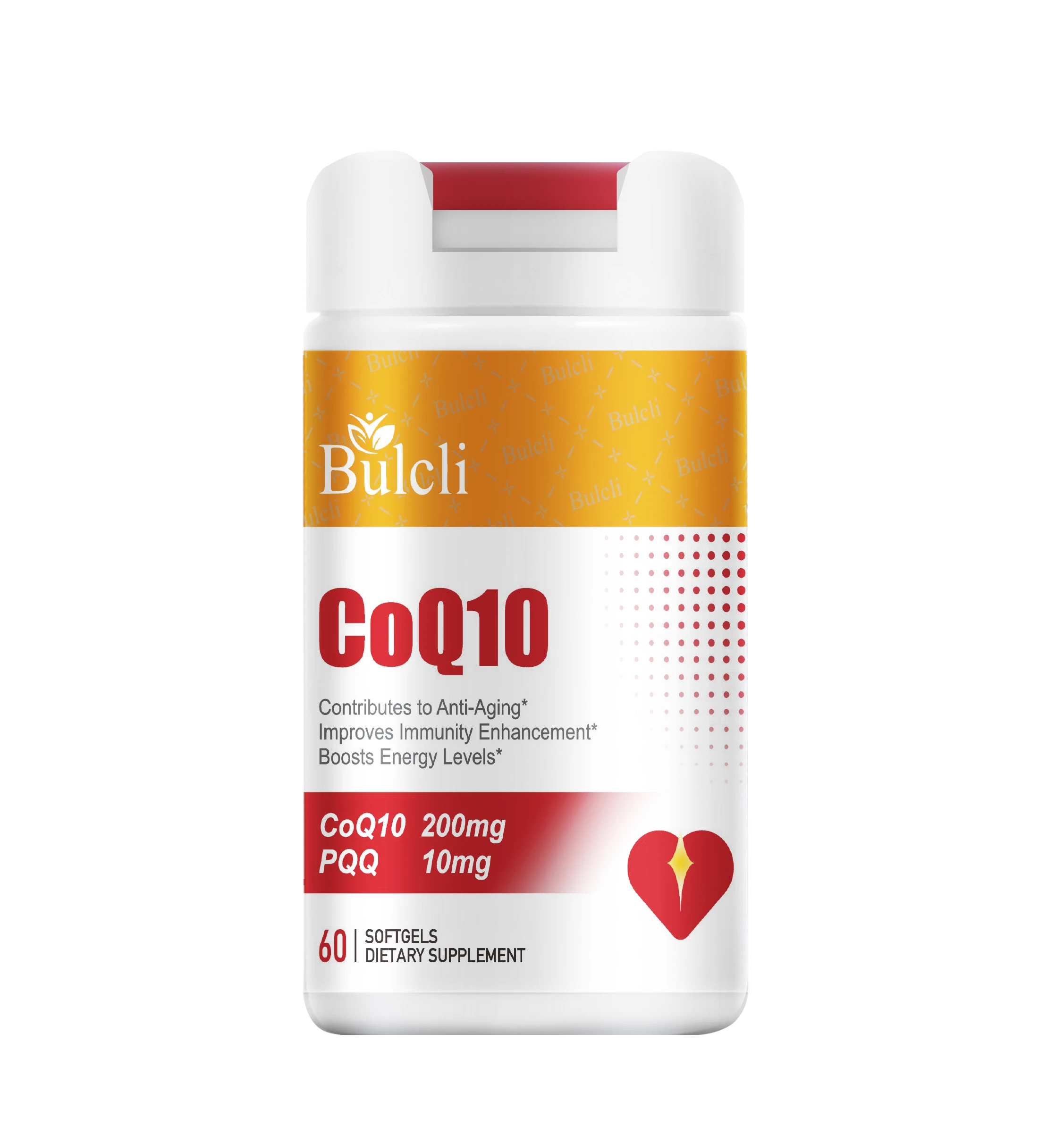 bulcli-coq10-200mg-pqq-10mg-60-softgels-front Bulcli CoQ10 200mg with PQQ 10mg softgels bottle front view, 60 count dietary supplement