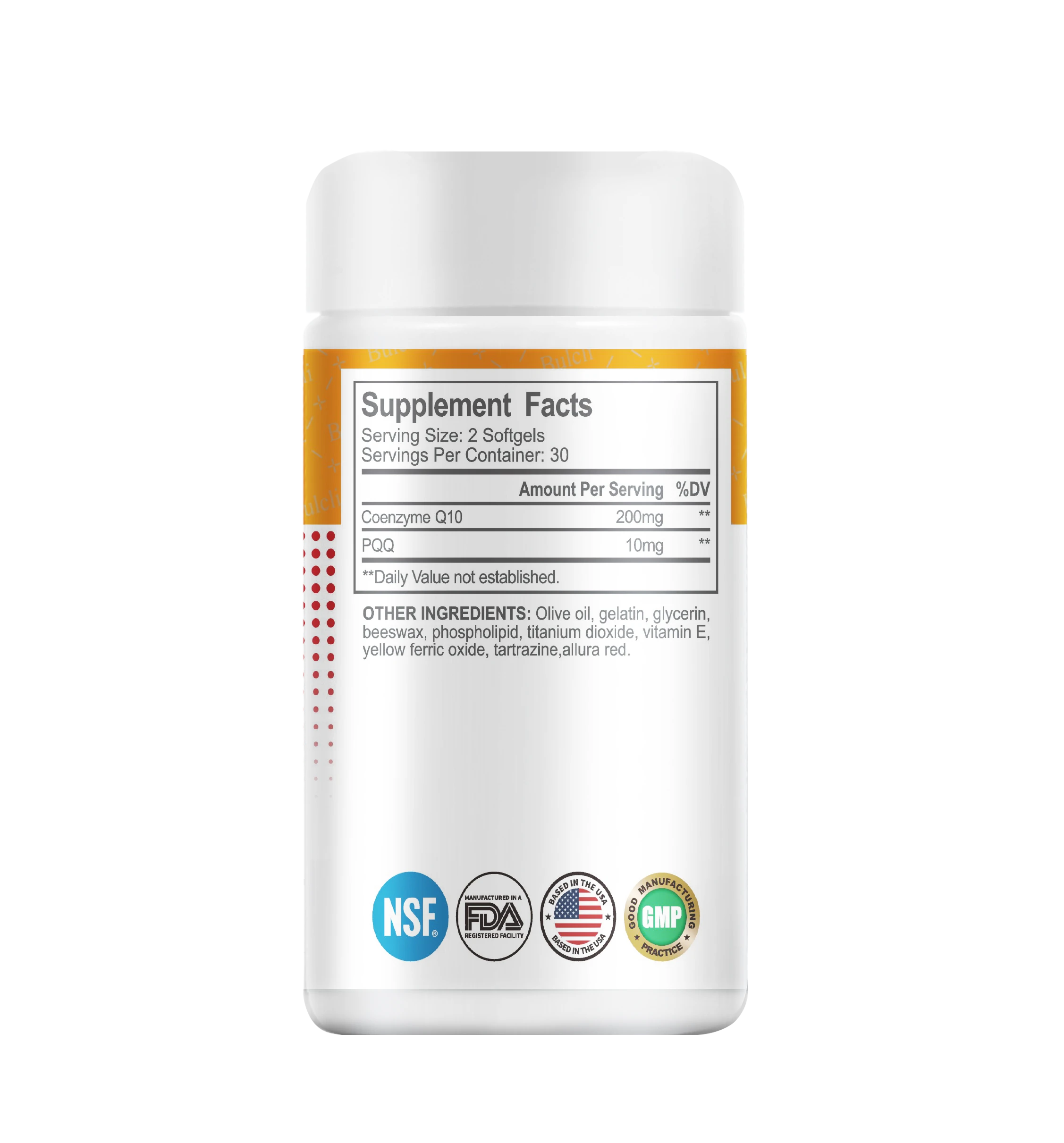 bulcli-coq10-200mg-pqq-10mg-60-softgels-supplement-facts Bulcli CoQ10 200mg with PQQ 10mg supplement facts label with NSF, GMP, and FDA certifications