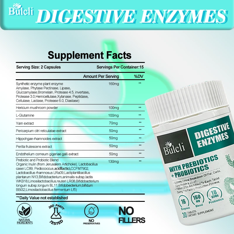 bulcli-digestive-enzymes-supplement-facts-label Bulcli Digestive Enzymes supplement facts panel showing ingredients and serving size