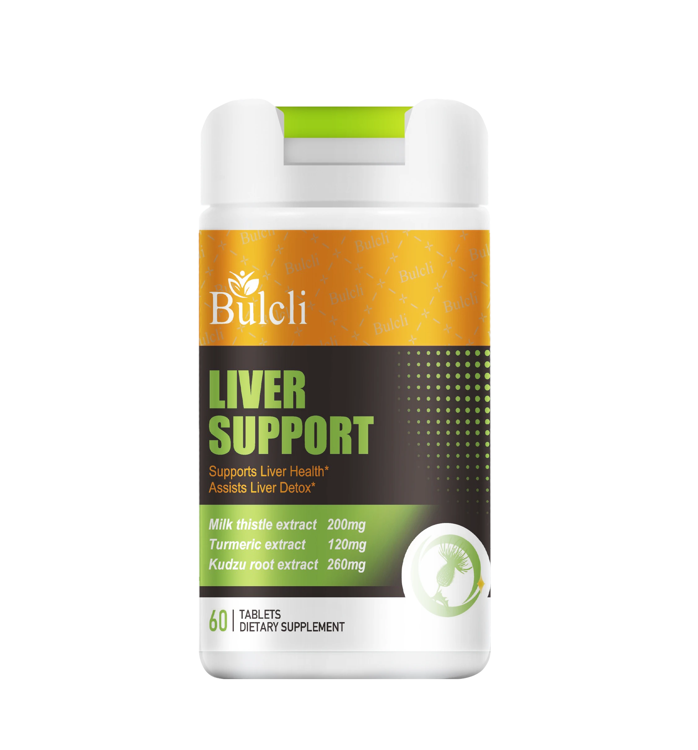 bulcli-liver-support-60-tablets-front Bulcli Liver Support supplement bottle front view, 60 tablets dietary supplement with Milk Thistle and Turmeric