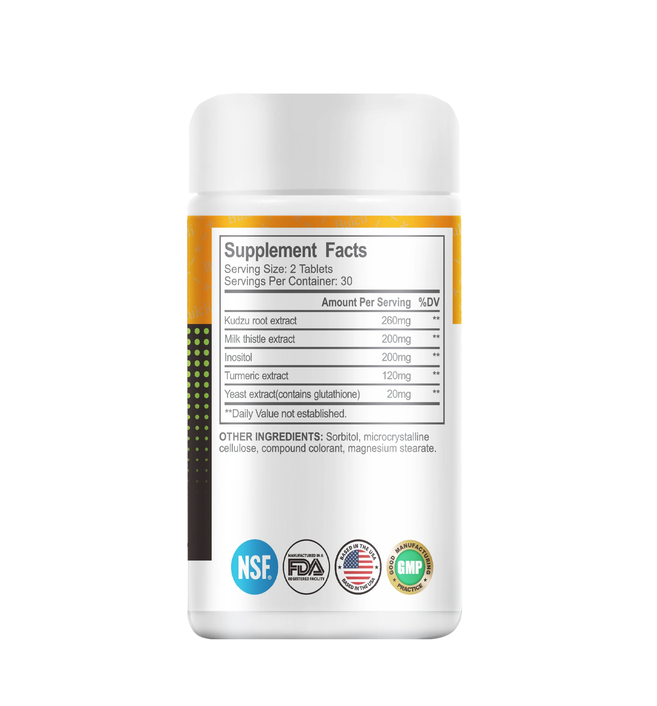 bulcli-liver-support-60-tablets-supplement-facts Bulcli Liver Support supplement facts label showing Milk Thistle, Turmeric, Kudzu Root and certifications